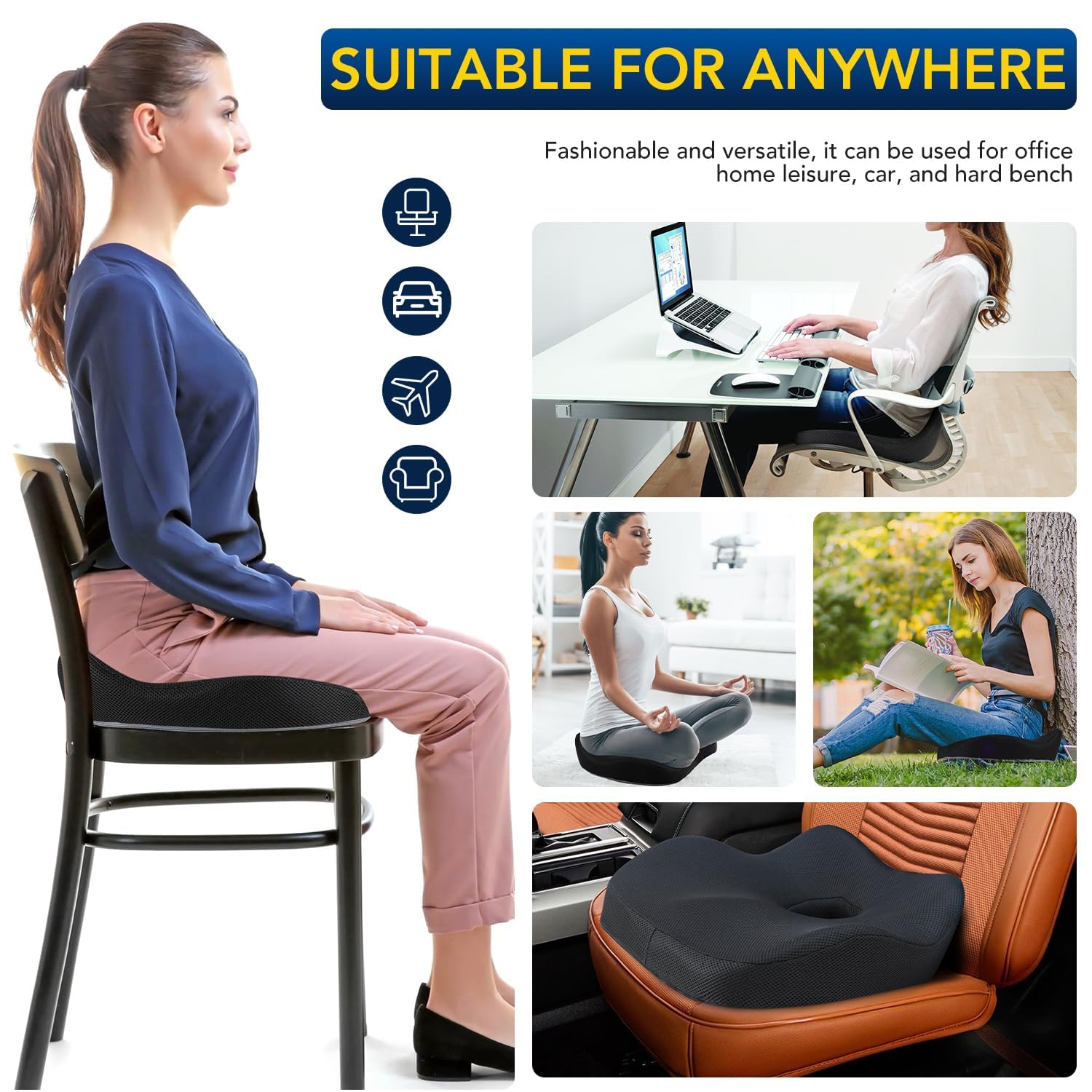 Cuscino per seggiolino auto, ergonomico, in memory foam, per alleviare il dolore alla sciatica, cuscino per sedile di guida più grande per guidatori corti su lunghi viaggi in auto, camion, ufficio