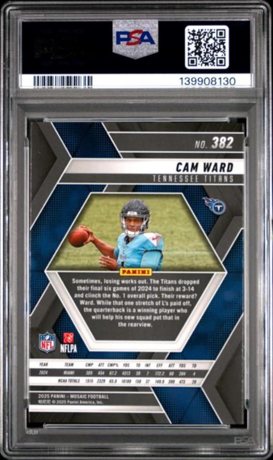 Graded 2025 Panini Mosaic Cam Ward #382 Rookie RC Football Card PSA 10 Gem Mint