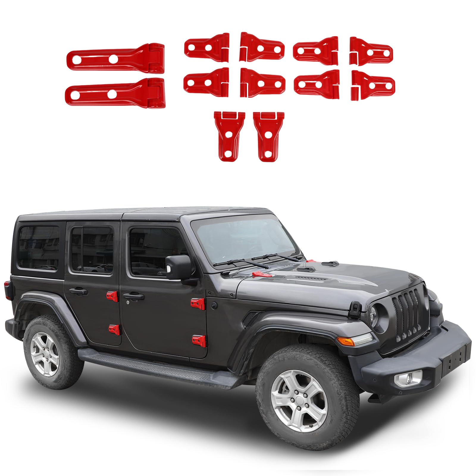 Hoolcar Engine Hood Spare Tire Bracket Door Hinge Cover Trim Exterior Accessories Kit Compatible with Jeep Wrangler JLU 2018-2025, 4 Doors, Red, 12PCs