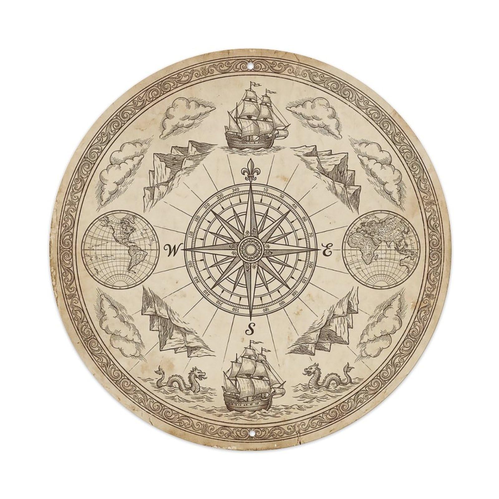 Vintage Nautical Compass World Map Explorer Journey Metal Tin Sign