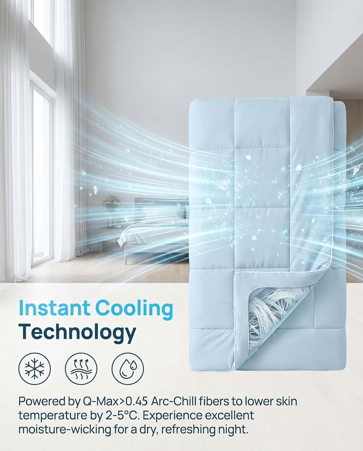 Cooling Comforter Queen Size, Cooling Blankets for Hot Sleepers and Night Sweats, Blue Summer Comforter for Queen Size Bed, Q-Max 0.45 Arc-Chill Breathable Soft Lightweight Silk Smooth,90 x 90 Inch