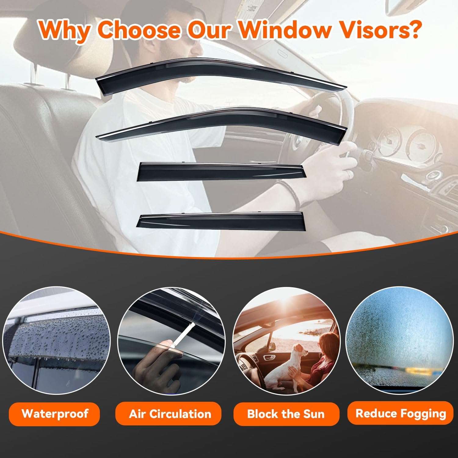 Set of 4 Smoke Tint with Chrome Trim Window Visors Compatible with 2021-2025 Rogue, Sun Rain Guard Vent Outside Mount Tape On/Clip On Style PVC 4 Pcs