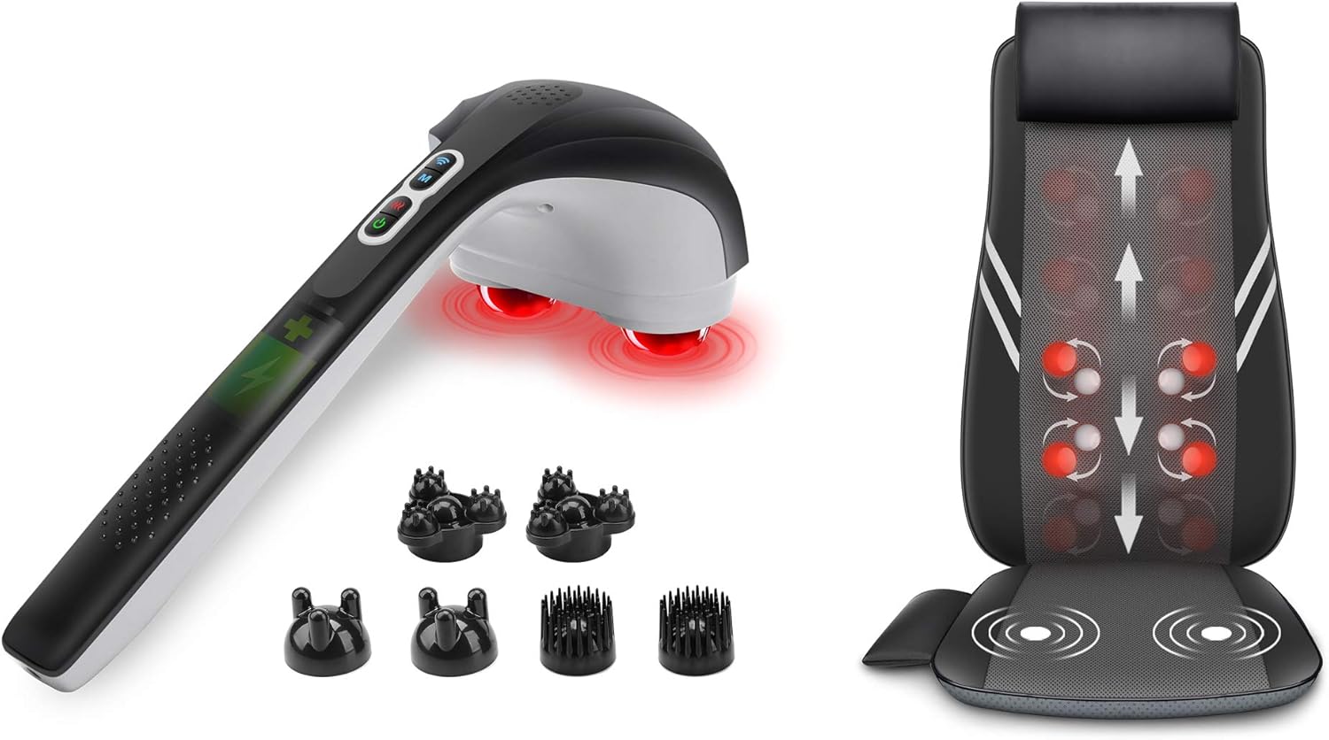 Snailax Handheld Back Massager with Heat Back Massager Bundle,Cordless Deep Tissue Percussion Massager, 3 Sets of Dual Pivoting Heads,Rechargeable Hand Held Massager for Neck,Back Shoulder,Calf,Legs