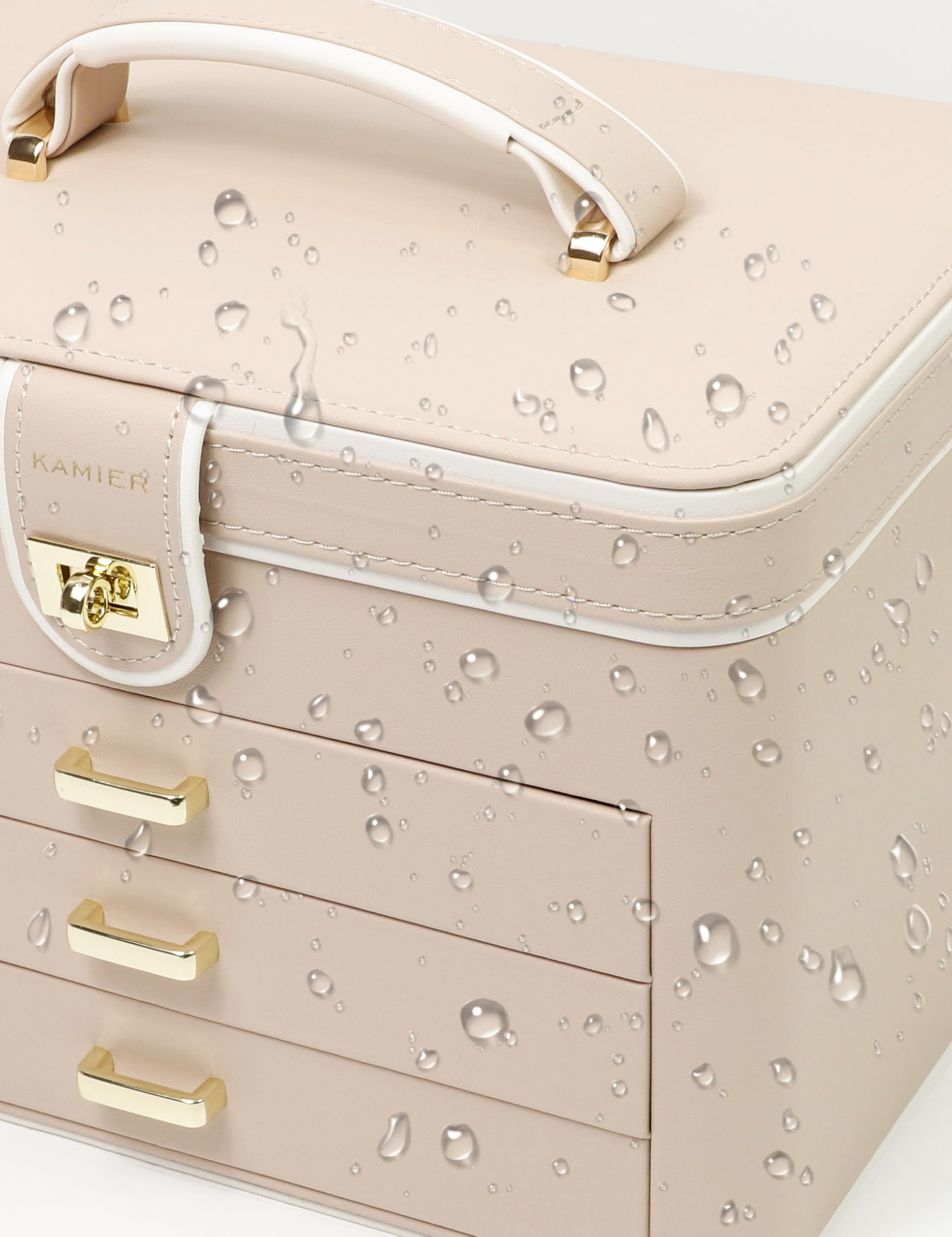 KAMIER Joyero Grande de 4 Niveles, Caja de Joyas con Espejo, Cajones y Cerradura, Piel Sintética, Beige