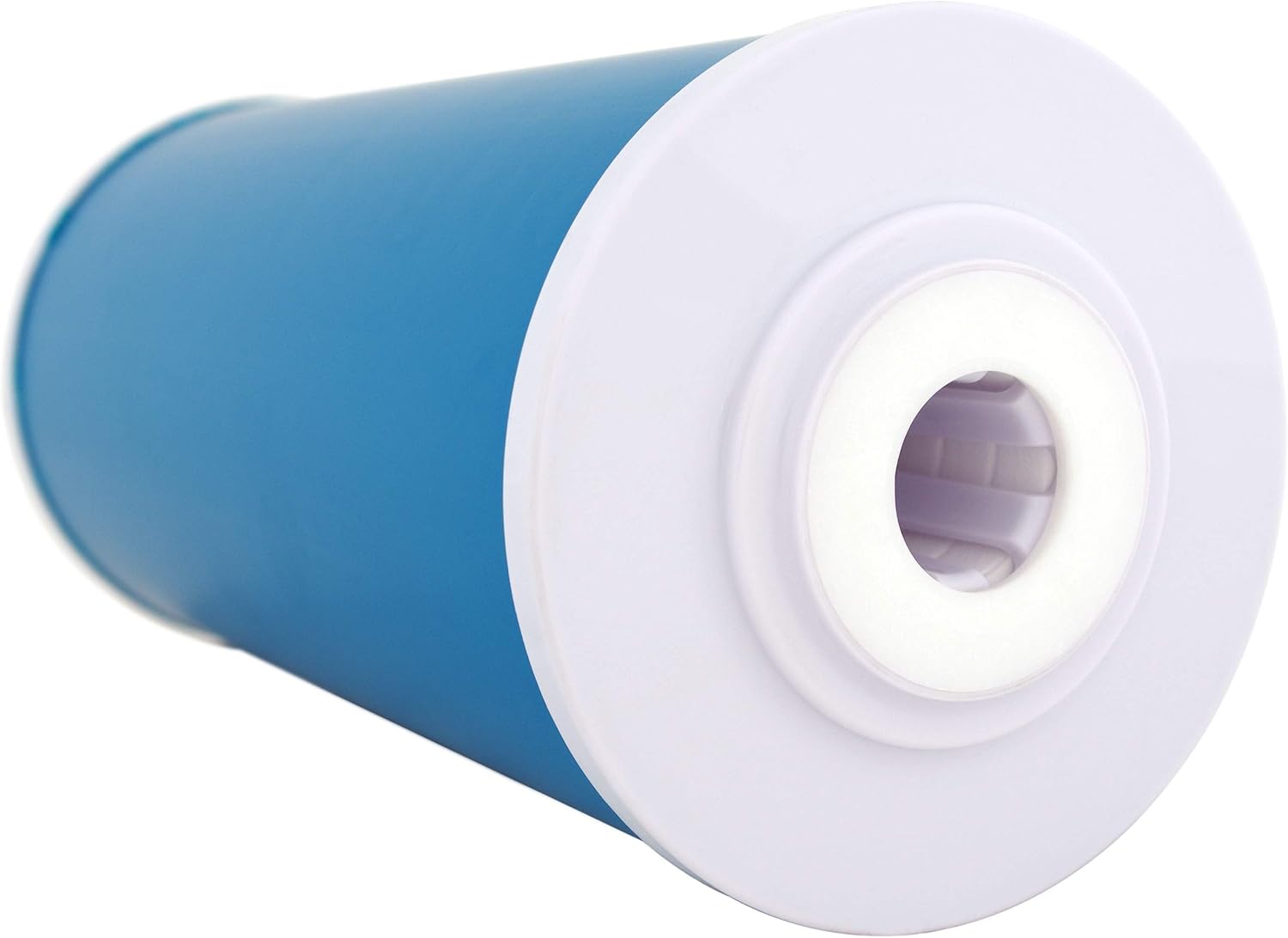 Close-up view of the end cap of a SpiroPure water filter cartridge, showing the central opening and white gasket.