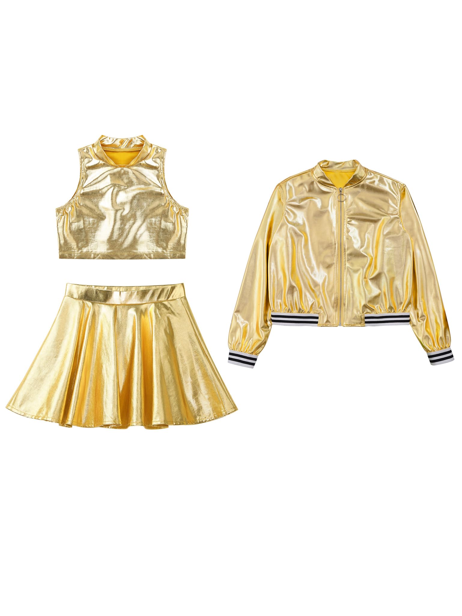 Lejafay Mädchen Glitzer 3Pcs Outfit Metallic Bomberjacke Crop Top und Skater Kinder Disco Rock Jazz Tanz Party Karneval Festival Bekleidungsse Jacke