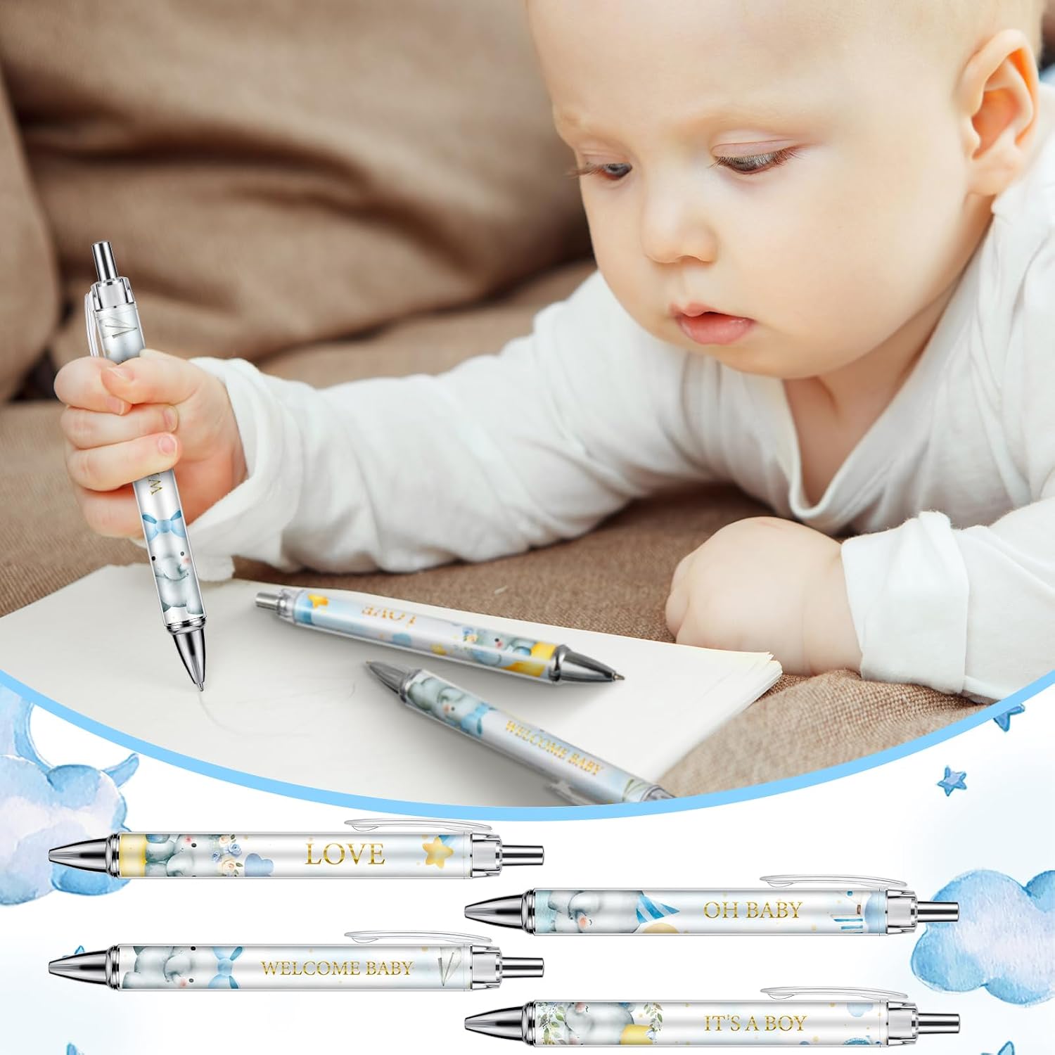 Chuangdi 24 Pcs Blue Elephant Baby Shower Ballpoint Pens, Black Ink image 3