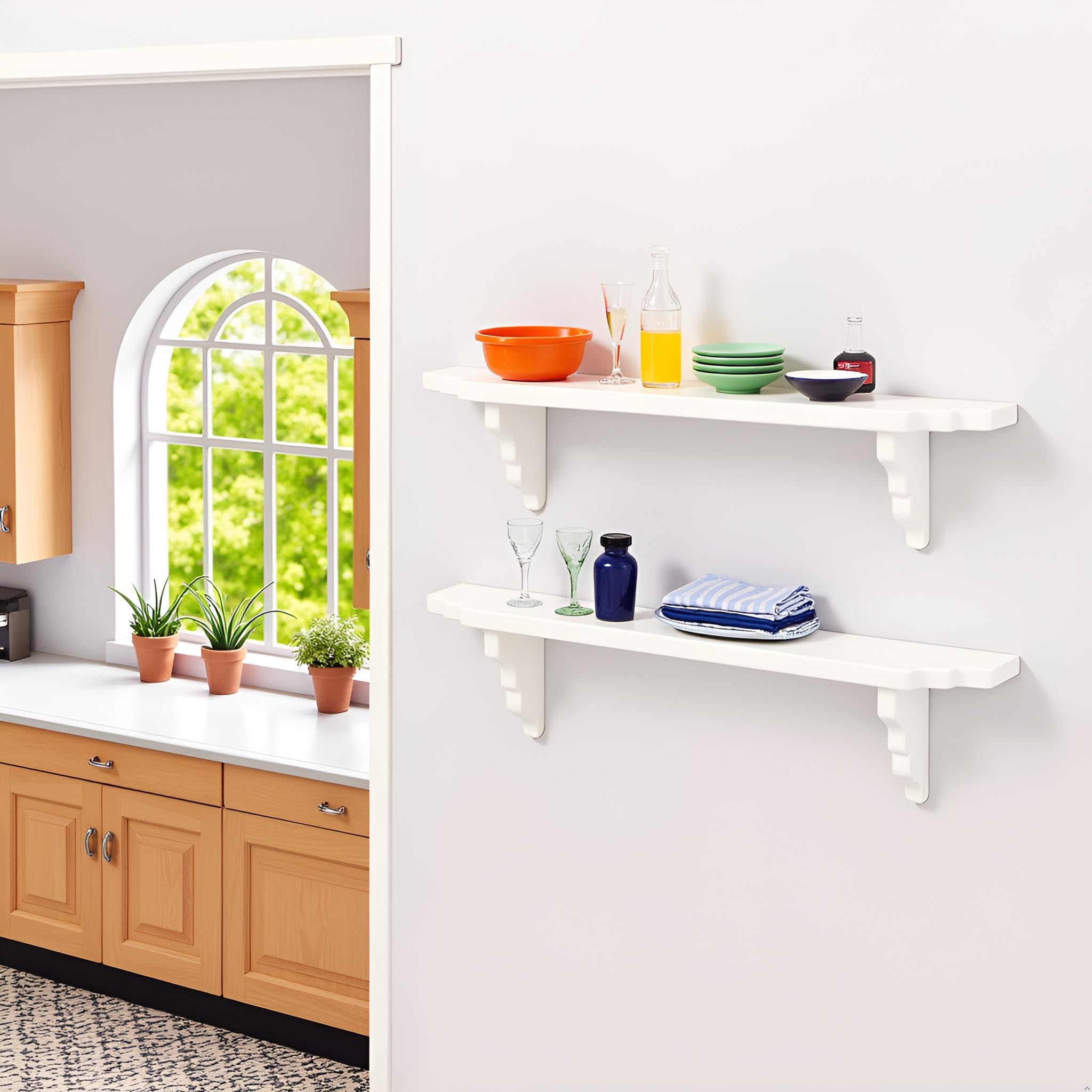 2 estantes de pared blancos para casa de muñecas, estante de almacenamiento en miniatura a escala 1:12 para accesorios de decoración de escenas de cocina 8