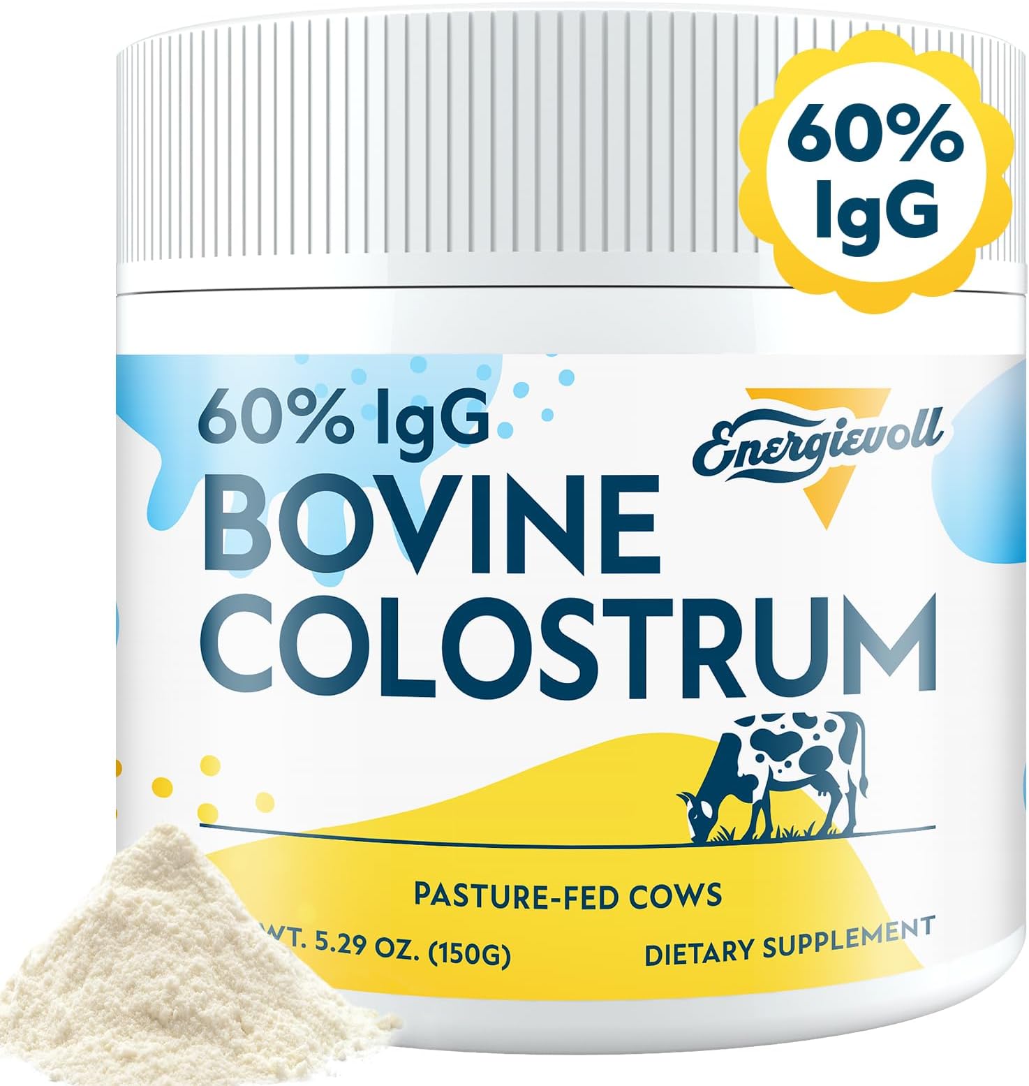 Bovine Colostrum Supplement Powder - 60% IgG 3000 mg for Gut, Hair Growth, Beauty, and Immune, Easy to Mix, Unflavored (50 Servings)