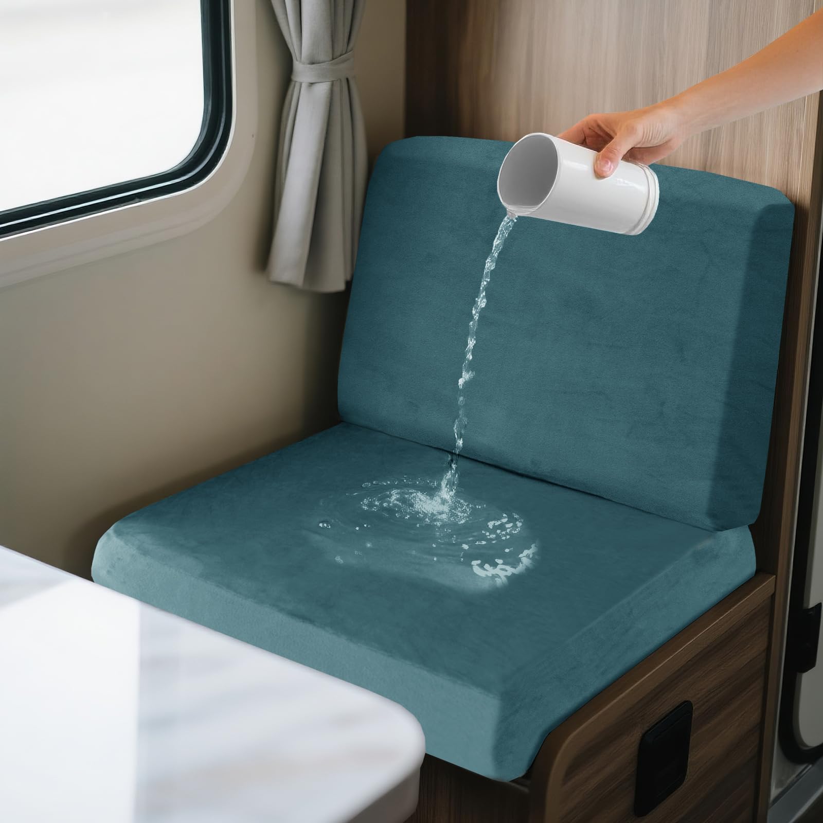 SYLC 2 Piece Waterproof Caravan Seat Covers and Backrest Cover, Non-slip Motorhome Dinette Cushion Covers with Ties, Stretch Campervan Seat Covers Velvet (Blue,Square M)