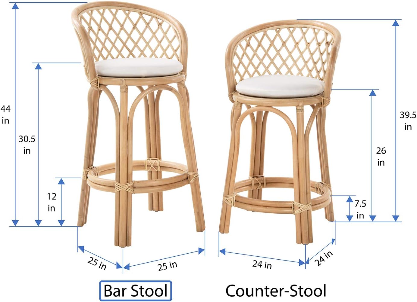 Kouboo Rattan Criss-Cross, Natural Kitchen Bar Height Stool Bar Stool Finish Frame, Bar Stools with Backrest, Height, Light Brown