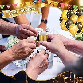 Roshtia 100 Pack 2 oz Christmas Plastic Shot Cups, Mini Disposable Shot Glasses 2 oz Party Cups for Wedding Christmas Winter Party, Beer Taste Serving, Snacks(Black, Gold)