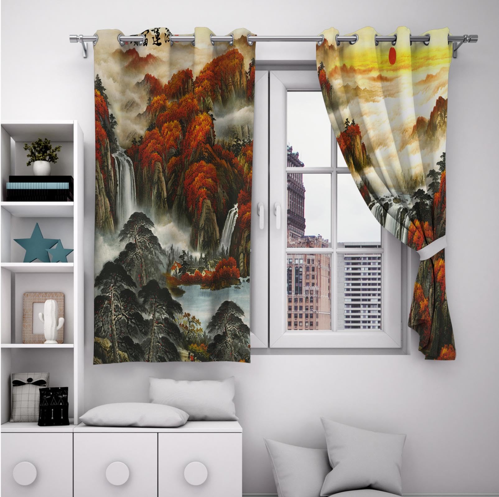 Rideaux Occultants Motif Feuille D'érable - Isolation Thermique Et Anti-bruit - 75x166 Cm (2 Panneaux)