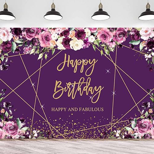 Sensfun Purple Floral Gold Happy Birthday Backdrop Glitter Sparkle Geometric Line Golden Dots Photography Background for Women Bday Party Decorations Supplies Banner Photo Props Vinyl 7x5ft