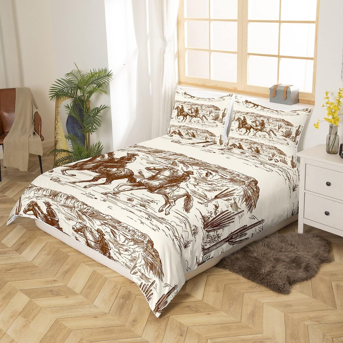 Erosebridal Western Duvet Cover Twin Size Cowboy Bedding Set American Wild West Desert Hand Drawn Illustration Comforter Cover Country Theme Bedroom Decor Quilt Cover for Boys Men Teens