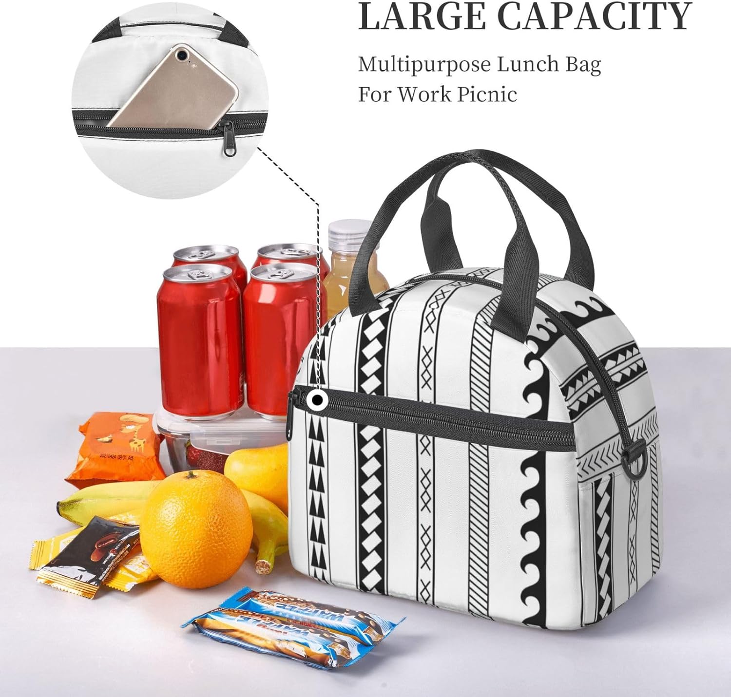 Triangle Stripes Bohemian Pattern Print Reusable Lunch Bag Insulated Lunch Boxes for Office Work Picnic Tote Bag Adjustable