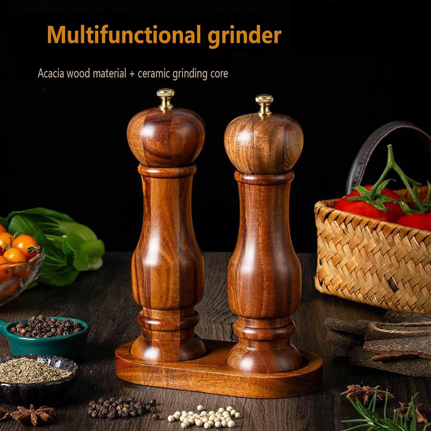 Salt and Pepper Grinder Set, 2 Packs Manual Wooden Salt & Pepper Mills with Base, Retro Refillable Acacia Wood Spice Shakers Grinder Mill Set with Adjustable Ceramic 7 Inch,7 inches a
