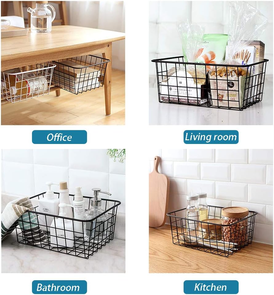Wire Storage Baskets, 4 Pack Metal Household Organizer with 4 Pcs Fabric Liners, Refrigerator Bin with Handles, for Pantry, Shelf, Freezer, Kitchen Cabinet, Bathroom, Countertop, Closets (Black)