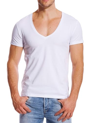 Stretch T Shirt for Men Deep V Neck Tee Muscle Fit Low Cut Male Top White XXL