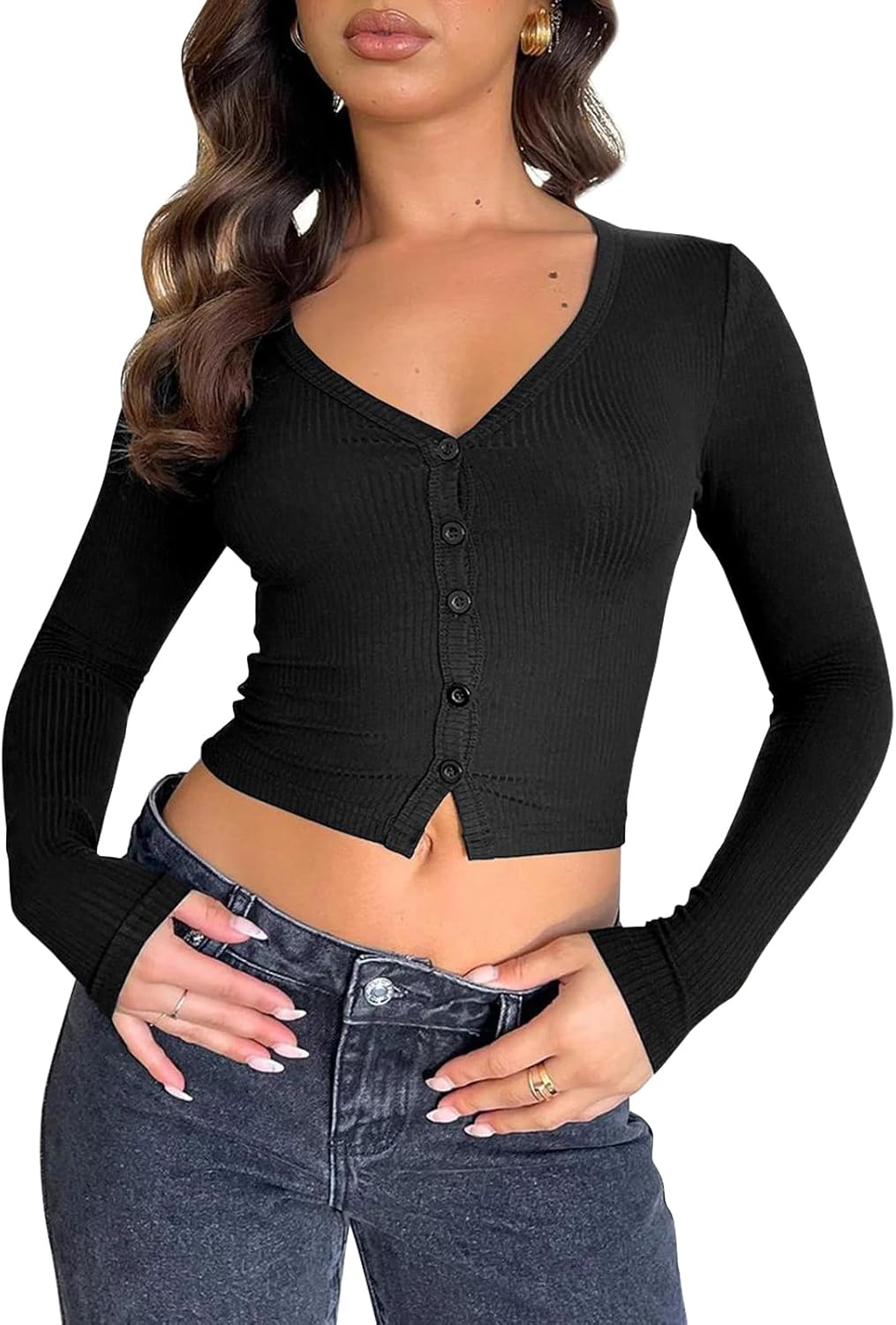 Women Long Sleeve V Neck Ribbed Crop Tight Shirts Button Down Cami Tops Slim Fit Y2k Cropped Going Out Tops