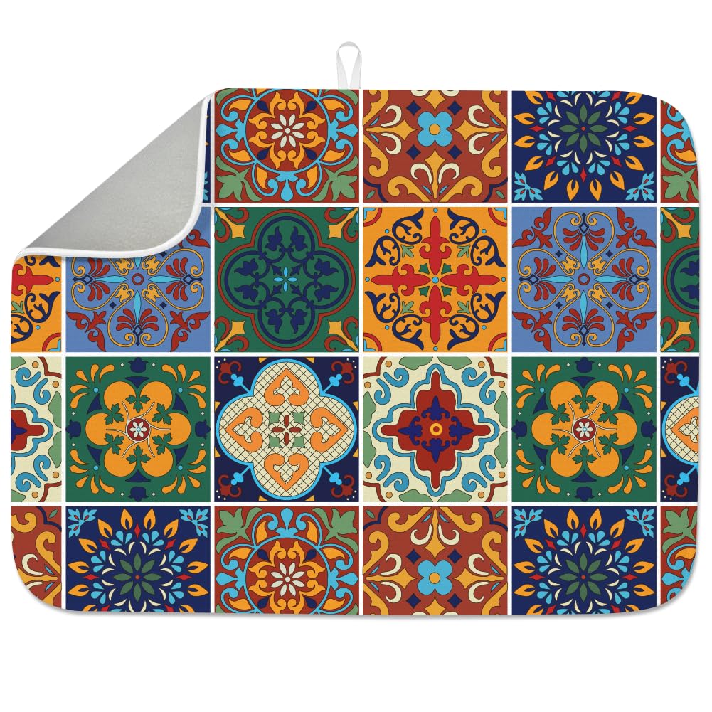INFUNLY Mexican Ceramic Tiles Dish Drying Mat for Kitchen Counter 18"X24" Mandala Tiles Absorbent Dish Drainer Mat Quick Dry Heat Resistant Coffee Bar Mat for Table Faucet Sink Coffee Bar Refrigerator