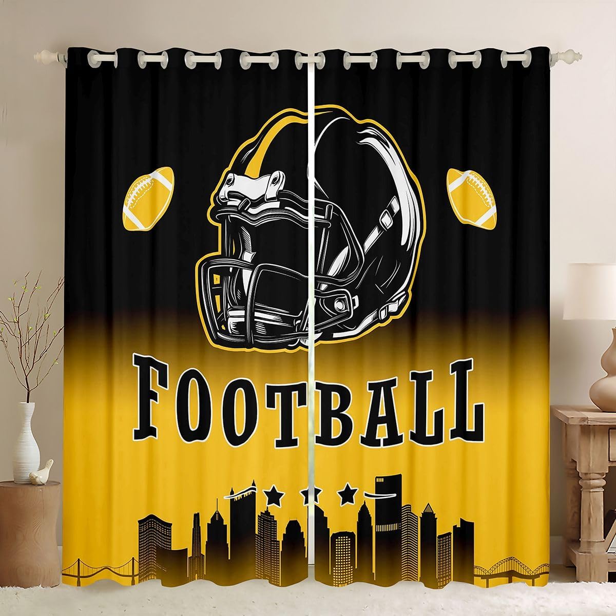 Erosebridal American Soccer 52" Wx63 L Window Treatments Drapes for Kids Boys Teen Adults,Sports Rugby Blackout Curtains Football City Window Curtains 2 Panel Sets