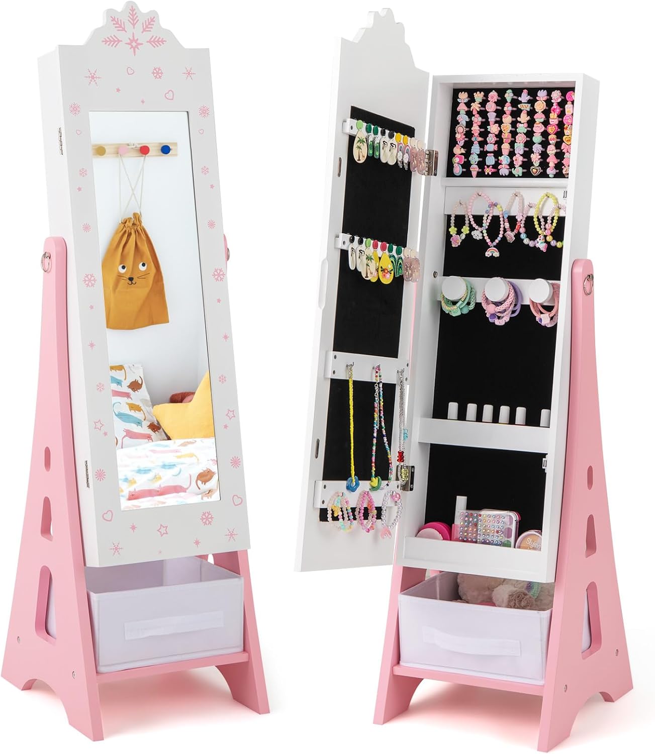 HONEY JOY Kids Jewelry Armoire Cabinet, 43.5" Standing Wooden Standing Jewelry Organizer with Full-length Mirror and Storage Drawers, Children Dress Up Vanity Jewelry Cabinet for Little Girls (White)