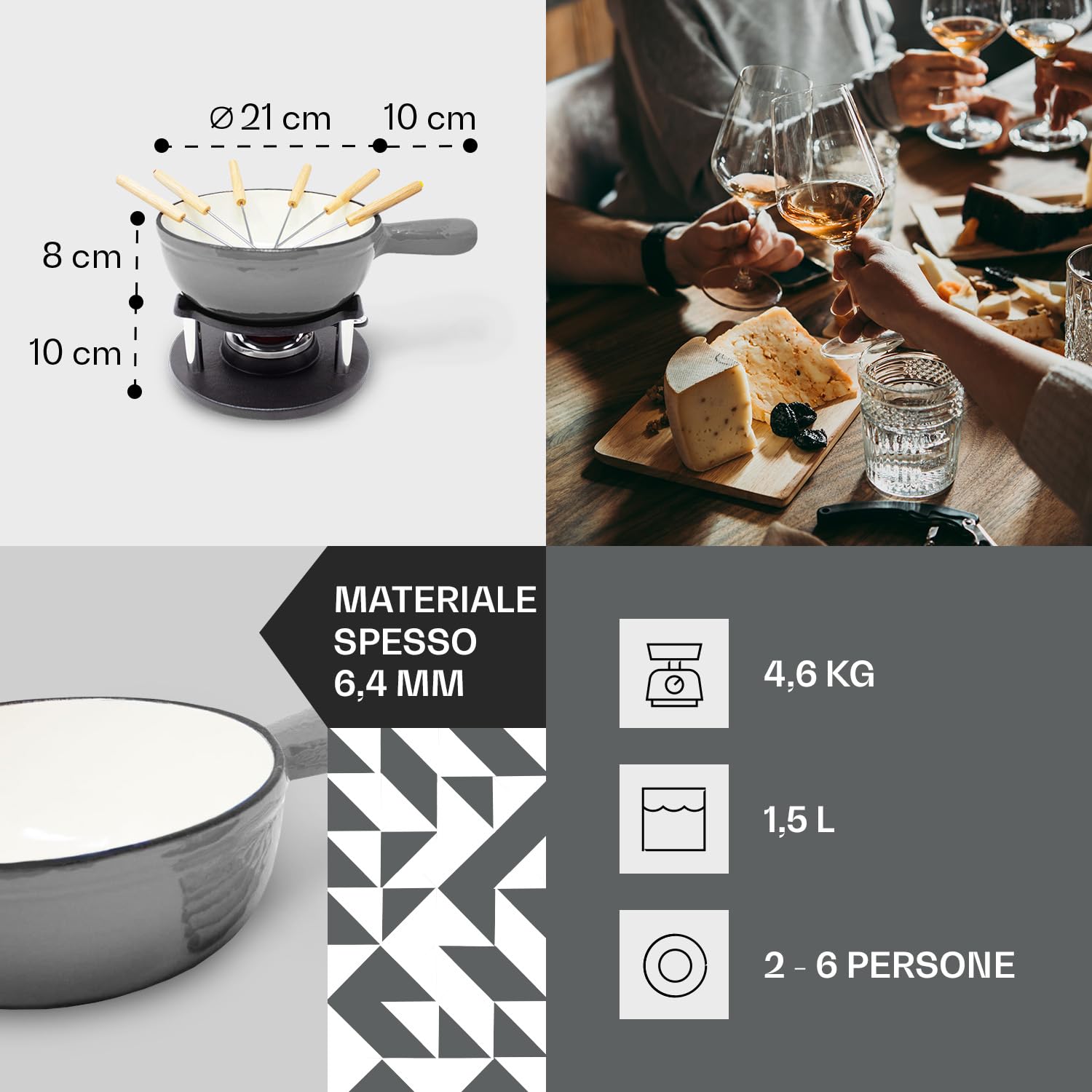 Set Fonduta Formaggio, Set Fonduta Cioccolato Professionale con Bruciatore, Set Fonduta Bourguignonne Elettrica con 6 Forchettoni da Fondue, Set Bourguignonne 1.5L