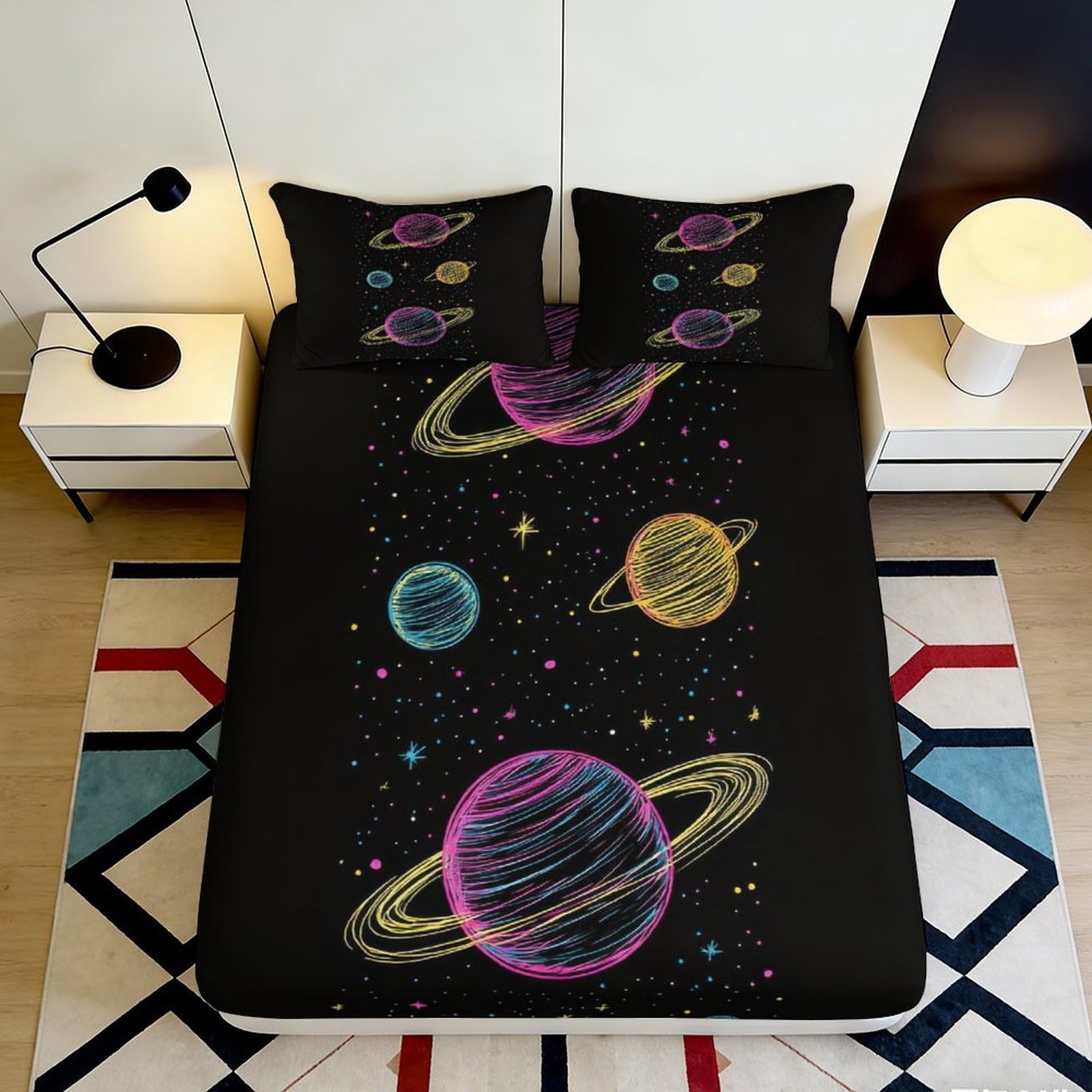 3D Printed Planet Galaxy Fitted Sheet Microfiber Soft Black Cosmic Nebula Mattress Cover for Bedroom Dorm Room Decor 90x200x25cm
