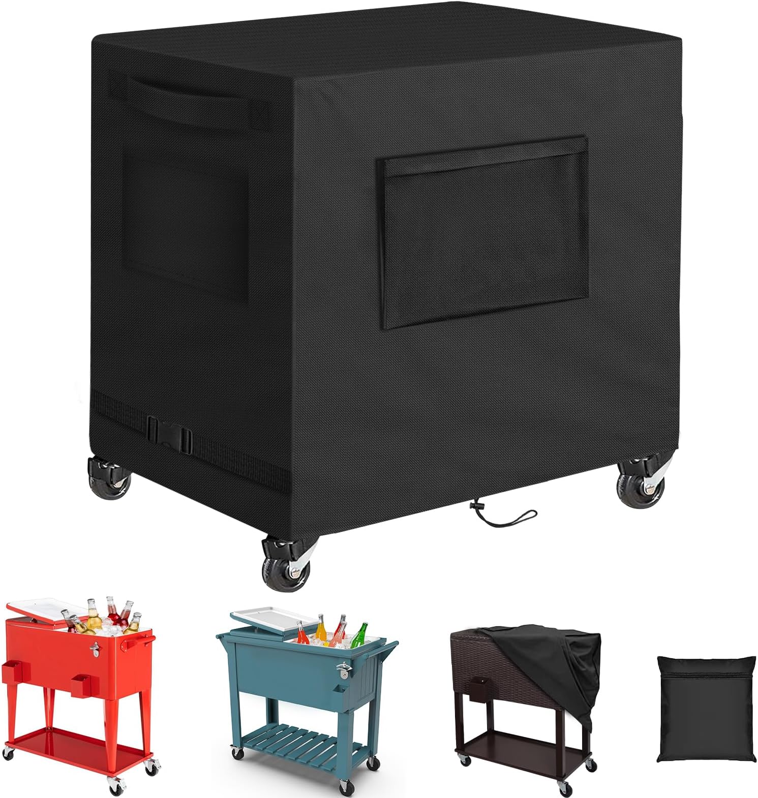SIRUITON Patio Cooler Cart Cover, Fits for Most 80-100 Quart Rolling Cooler Cart Cover, Waterproof Patio Ice Chest Protective Covers for Outdoor Bar Cart, 34L X 20W X32H inch-(Black)