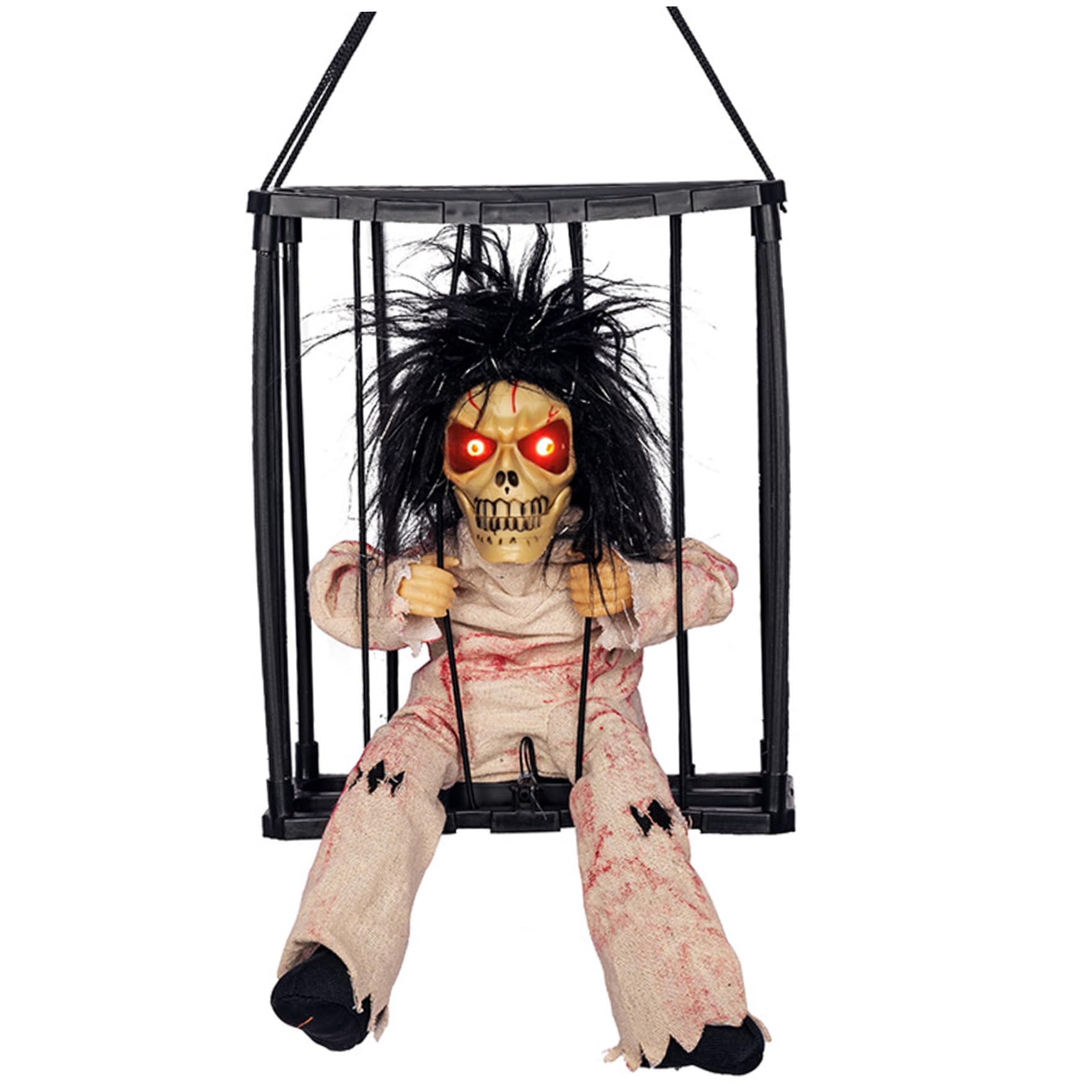 Wxyestna Halloween Animatronics Hanging Light-up Eyes Sound Activated Skull Cage Prisoner with Motion Sensor for Haunted House Yard