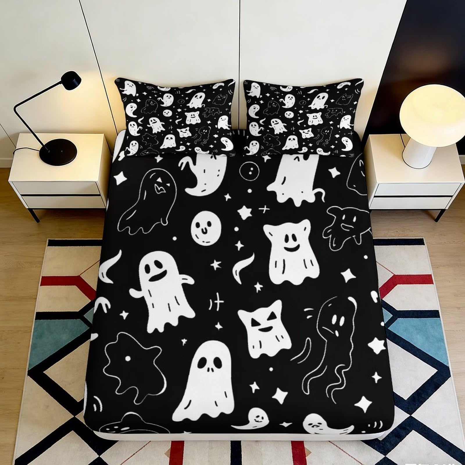 3D Printed Ghost Cartoon Fitted Sheet Microfiber Black Halloween Pattern Bed Sheet for Bedroom Dorm Mattress Decor 90x200x25cm