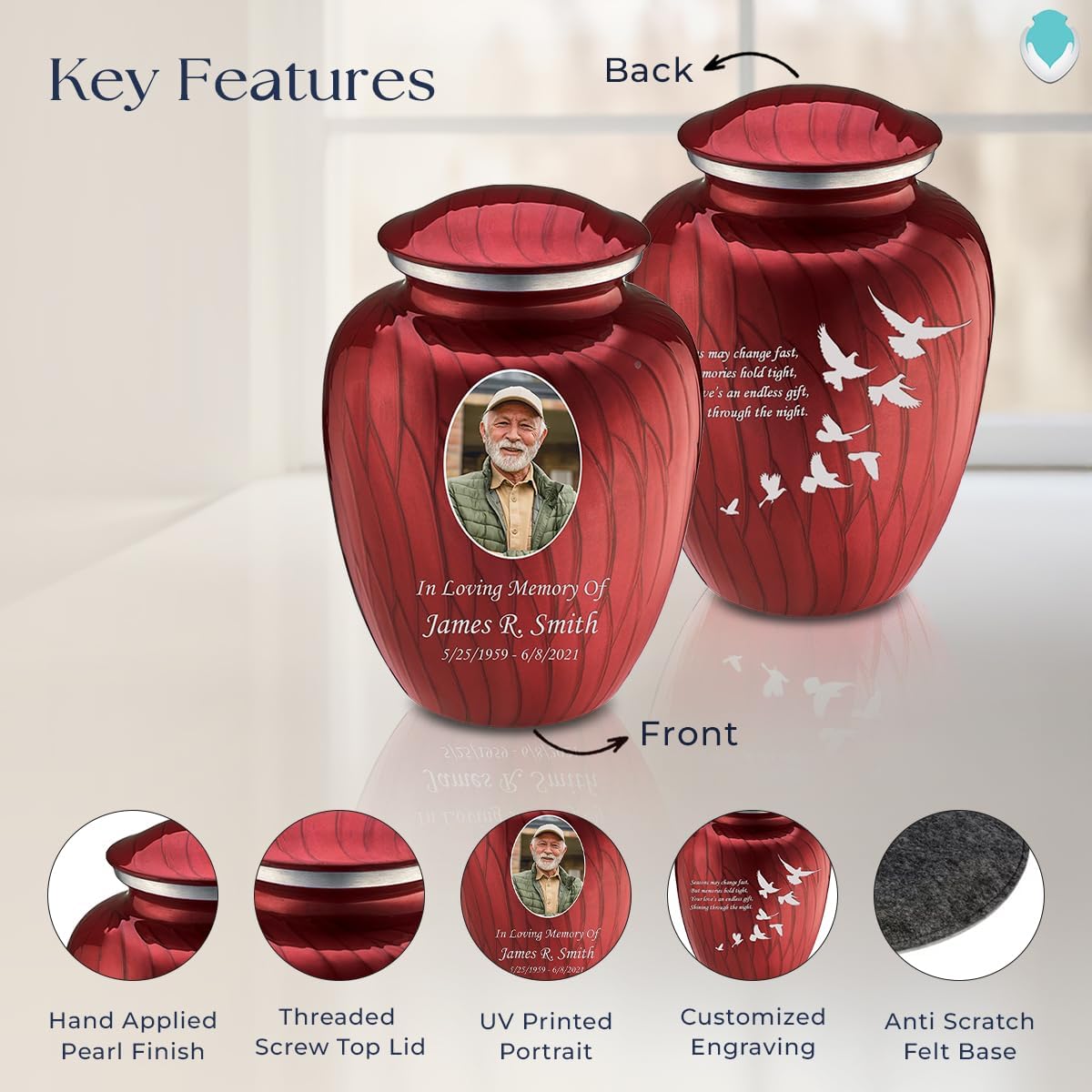 Geturns Embrace Adult Personalized Doves Cremation Urns for Human Ashes I Large Picture Pearl Candy Red Funeral Urn for Adult Men and Women with Double Side Engraving I 200 lbs
