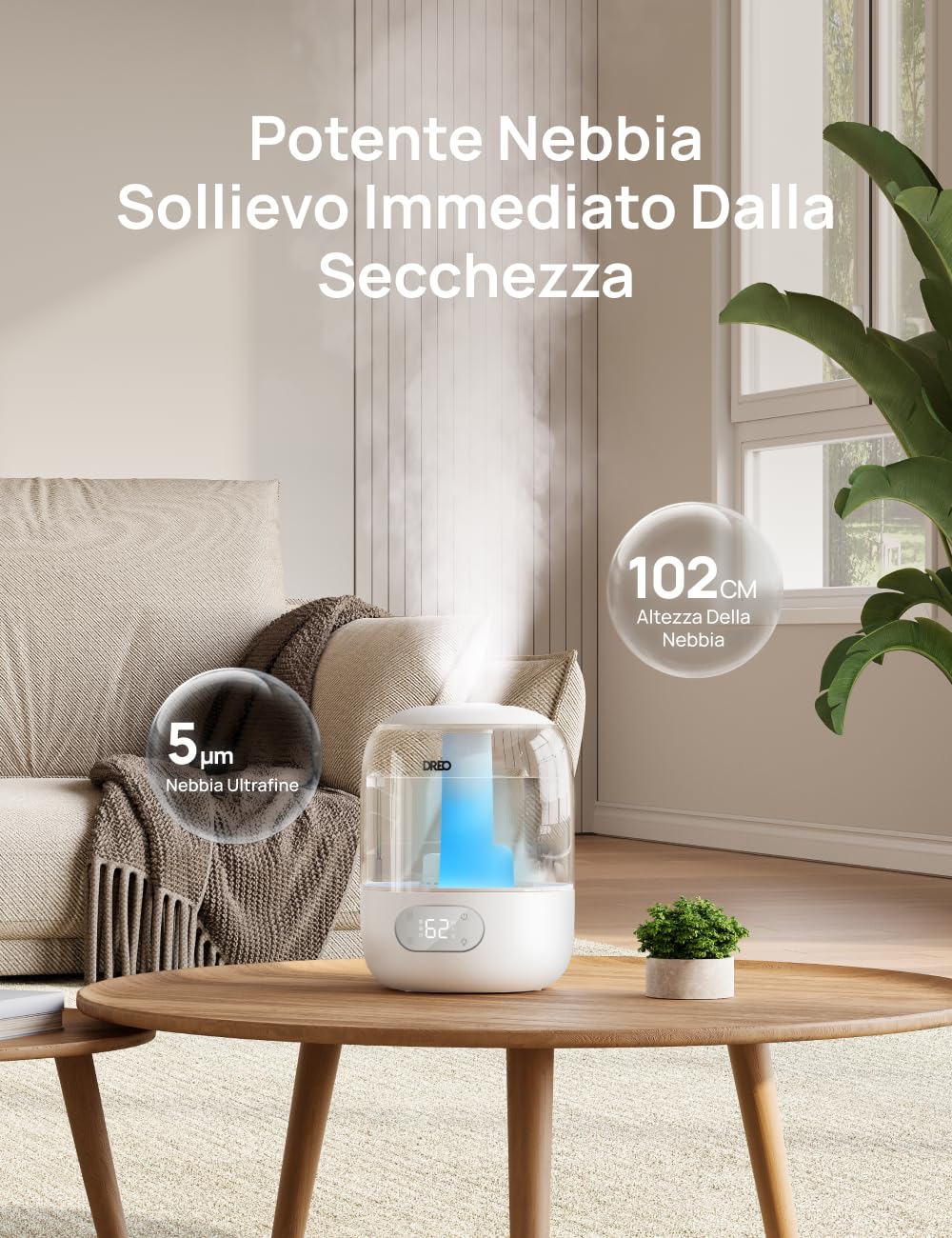 DREO 3L Umidificatore Ambiente Bambini Silenzioso 26dB, Ultrasuoni Nebbia Fresca, Ugello 360°, 30h Autonomia, Diffusore Oli Essenziali, Luce Ambientale, per Casa e Piante, Bianco