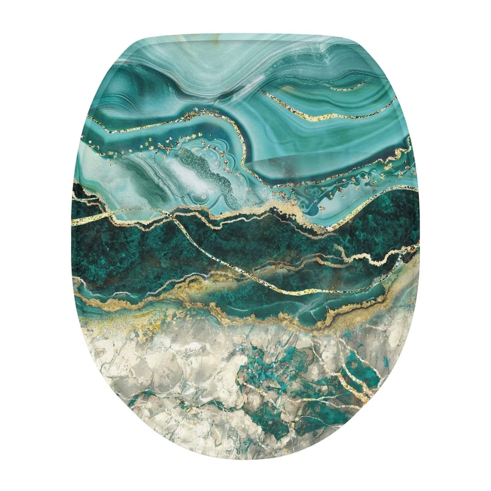 COEQINE Toilet Seat Cover Dark Green Marble Toilet Lid Cover With Elastic Bottom Holder Lightweight Gold Marble Turquoise Color Marble Pattern Toilet Seat Lid Cover