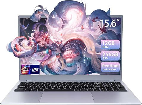 BLUEING 15.6 Inch Laptop Computer, Pentium Gold 6500Y Beats Pentium, Celeron, Up to 3.4GHz, 12GB RAM 256GB SSD, IPS FHD Display, HDMI,USB-C,USB3.2,BT5.2, Office Suit, Thin & Portable Laptops, Silver