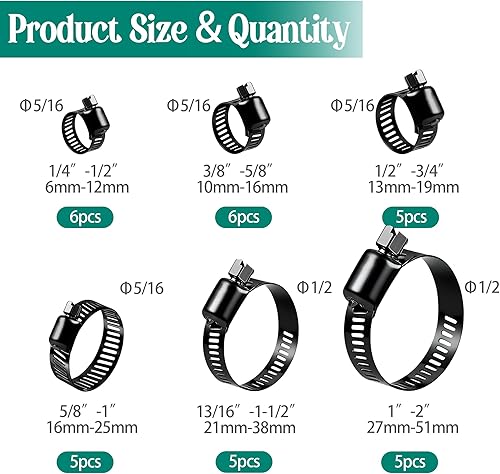 Vista 27 de Dianrui 25 abrazaderas de manguera de 1/4 a 1/2 pulgadas (0.236-0.472 in) de acero inoxidable 304 engranaje helicoidal 304 abrazaderas de manguera