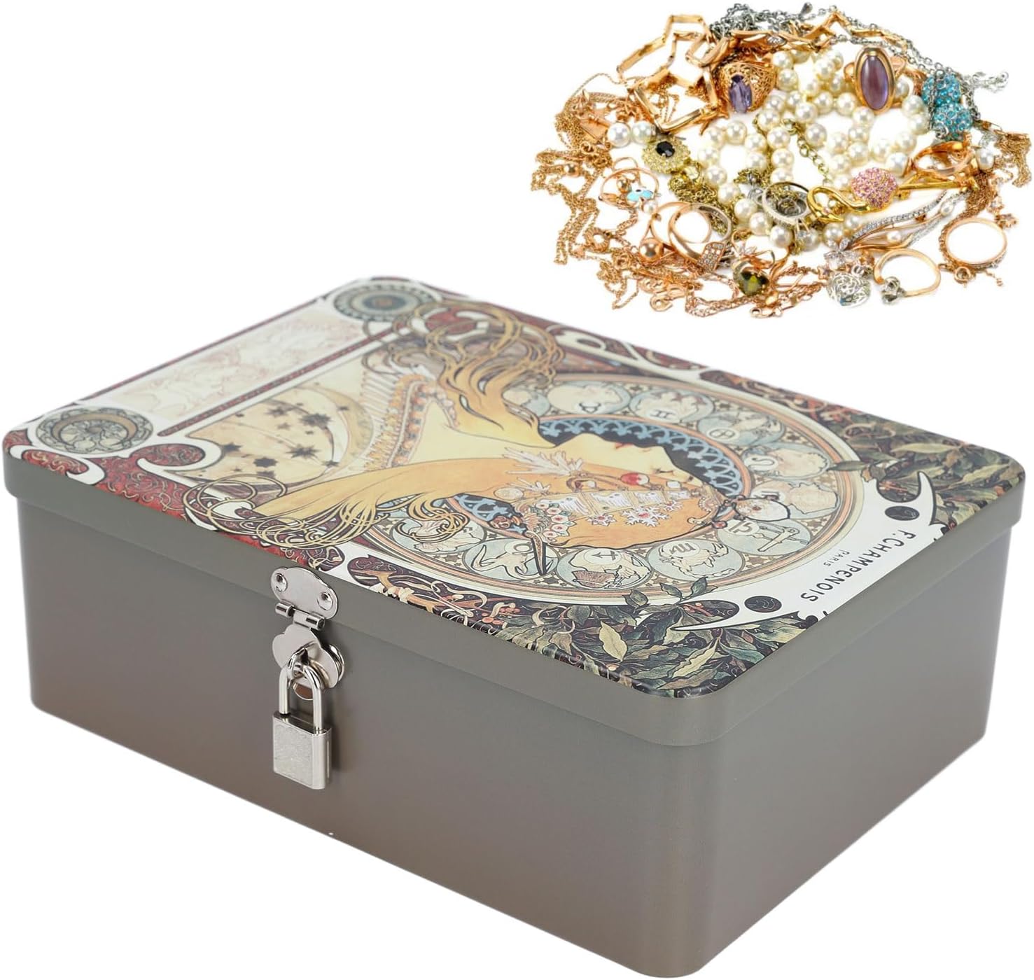 Metal Tin Storage Box Vintage Jewelry Box with Lid and Lock Cosmetic Money Saving Storage Box for Earrings Necklace Crafts for Candy Key Earring