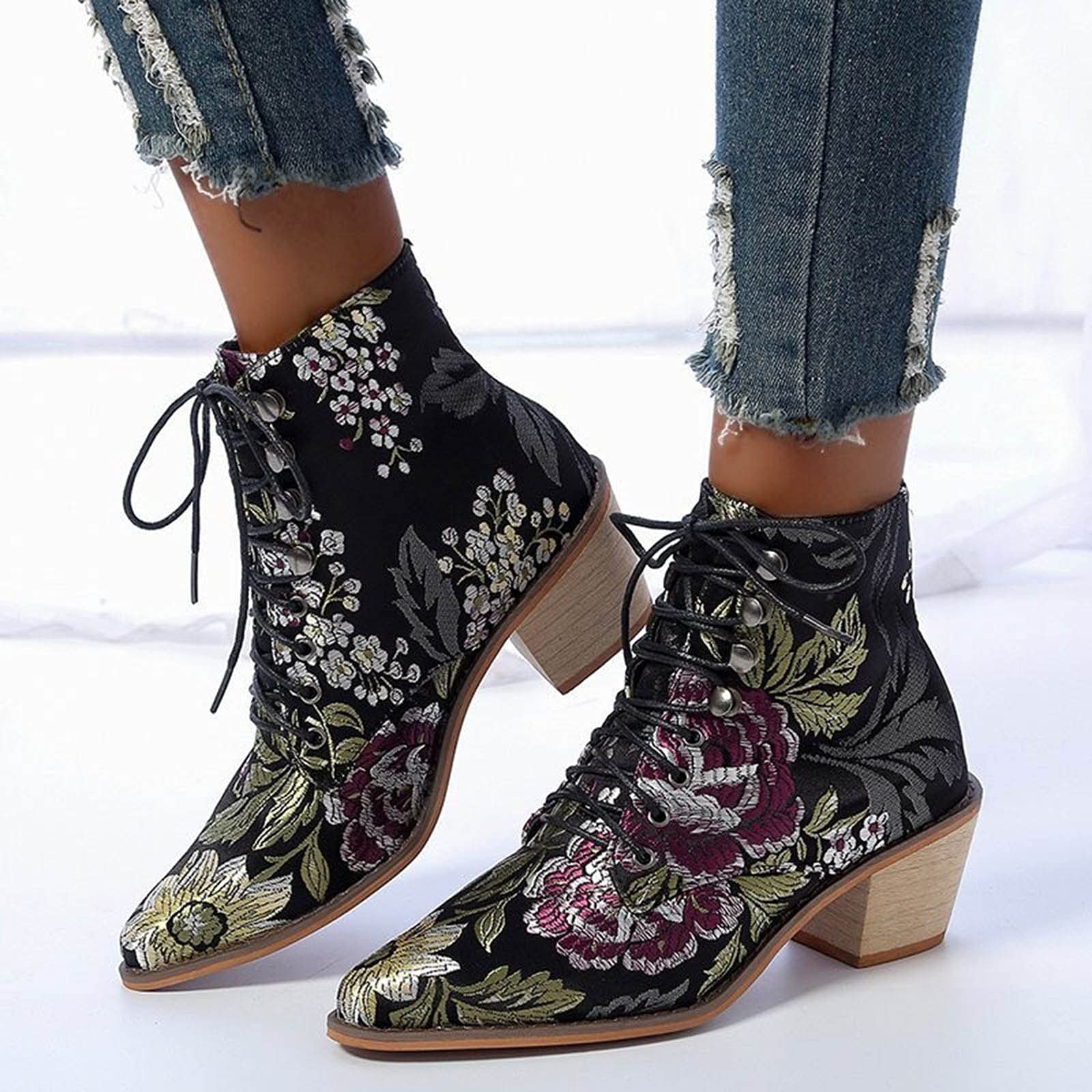 Vintage Stiefeletten StiefelLederDamen Absatz Chunky Heel Floral Ankle Boots Fashion Lace-up Print Damen Damenstiefel Kurzschaft Sommerstiefeletten