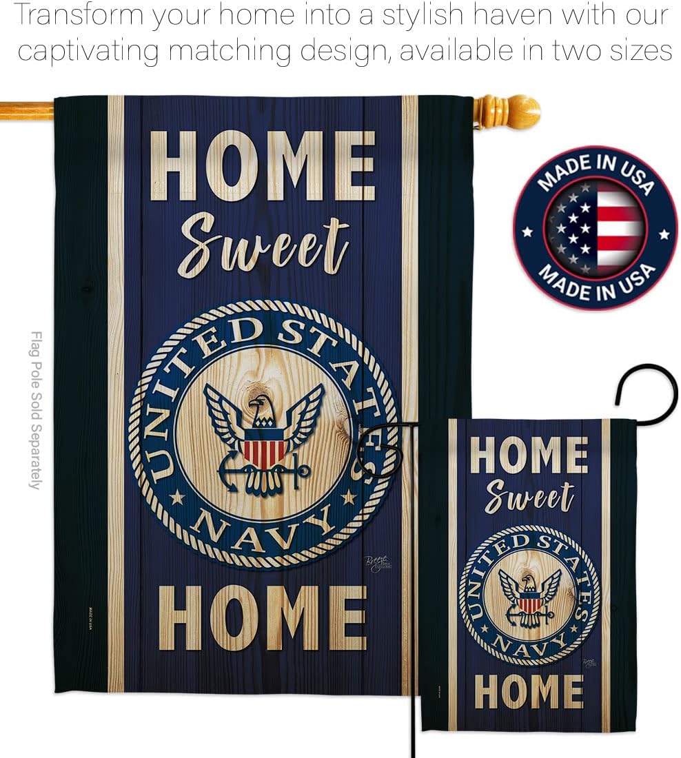 Breeze Decor Home Sweet Navy Garden Flag Set with Stand Armed Forces USN Seabee United State American Military Veteran Retire Official House Banner Small Yard Gift Double-Sided, Made in USA