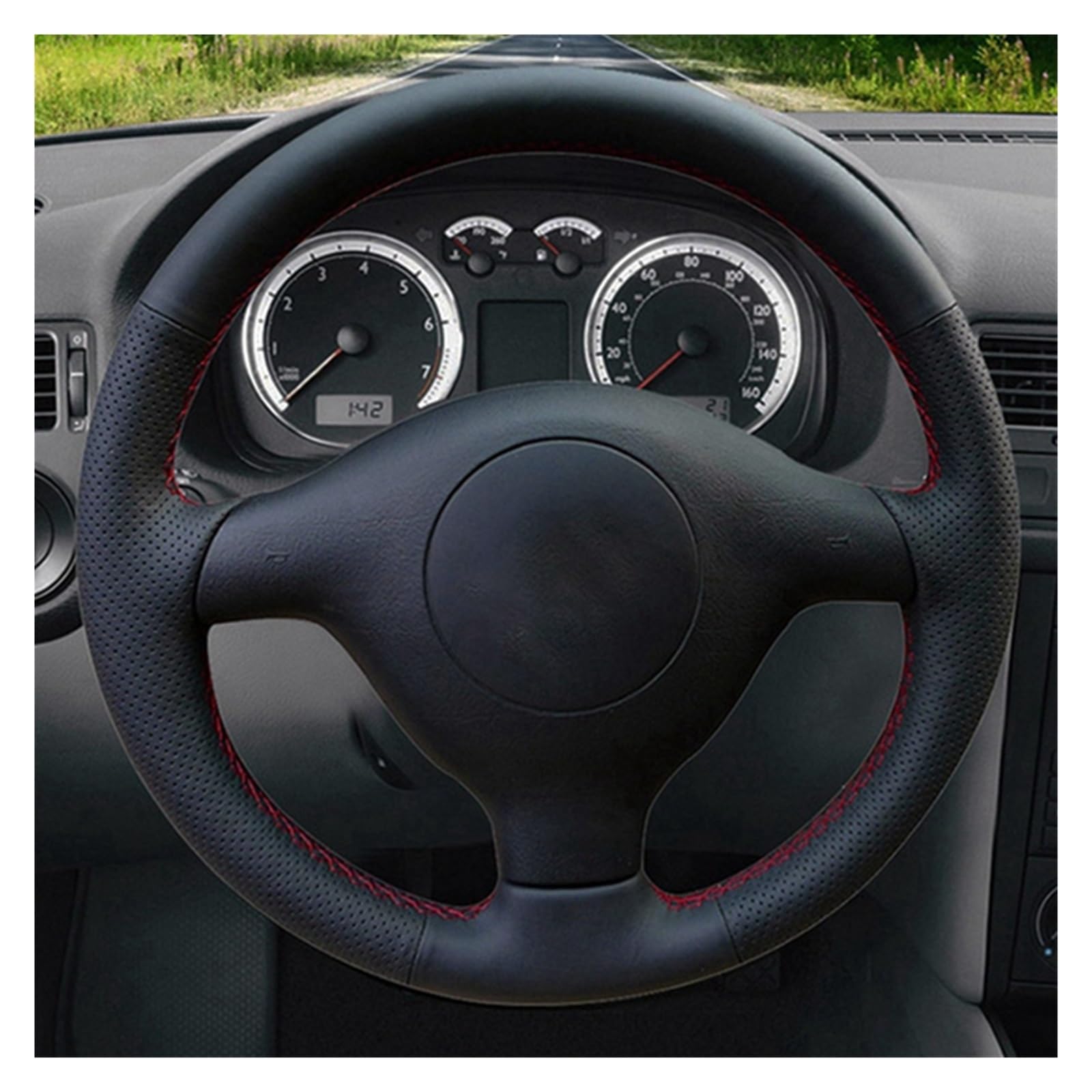 PU Funda Volante para VW para Bora Seat Leon MK1 1998-2005 para Skoda para Fabia 1 2004 2005 Protector para Volante Coche Gamuza Cuero Genuino Negro Interiores Volante Coche (Color : Style 2)