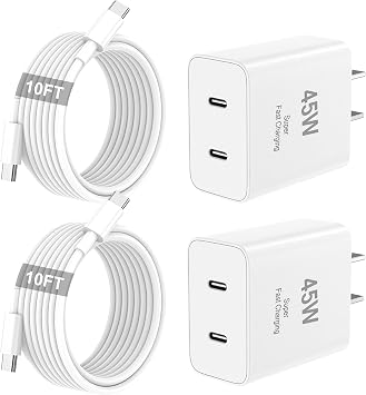 iPhone 17 16 15 Charger Fast Charging, 45W Dual USB C Android Phone Charger Block with 10FT Long Type C Cable Cord for Apple iPhone 17/Pro/Pro Max/17 Air/16 Pro/16 Pro Max/15 Plus/iPad/S26 Ultra/S25