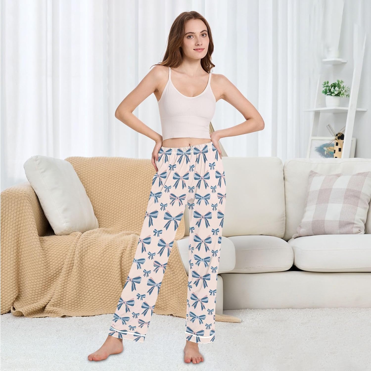 Pajama Pants Women Blue and Pink Bows Soft Sleep Lounge Pj Bottoms with Pocket S-XXL
