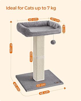 Feandrea Cat Scratching Post, Cat Scratcher with 40 x 30 cm Plush Perch, Cat Tree, 71 cm Tall Scratch Post with Woven Sisal, 45 x 40 cm Base, Pompom, Light Grey PCA022W01