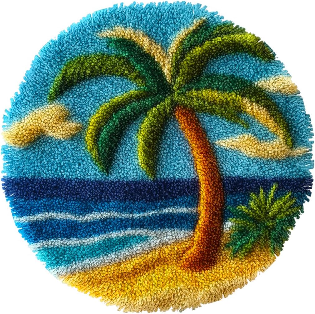 DIY Latch Hook Rug Kit Summer Beach Palm Tree Crochet Yarn Craft Hook and Latch Carpet Easy for Beginners Handmade Mat for Home Decoration 20x20inch-1