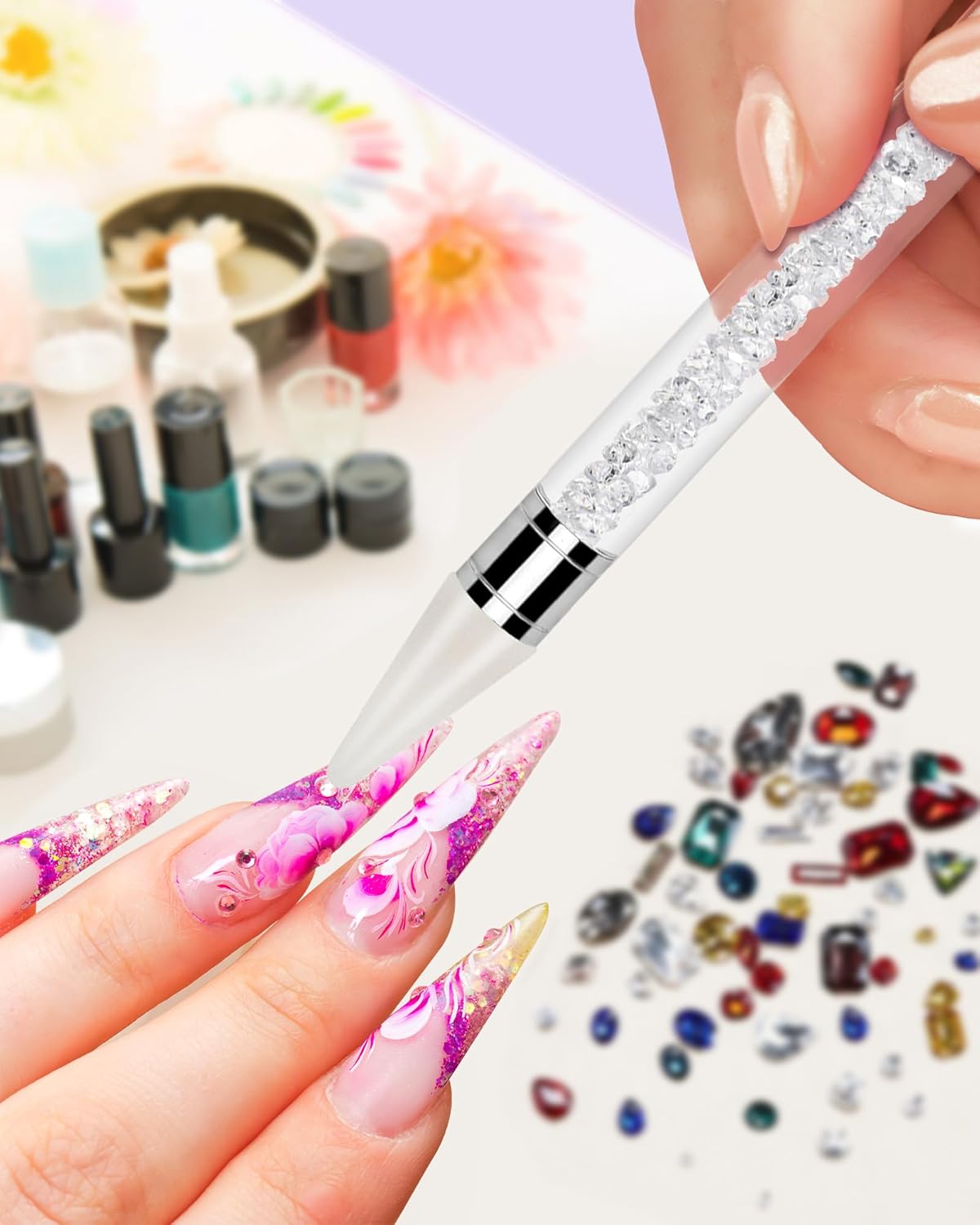 Rhinestone Picker Tool Set,Rhinestone Applicator Tool,Rhinestone Picker Dotting With 4 Extra White Replaceable Wax Head and 2 Tweezer (White) thumbnail