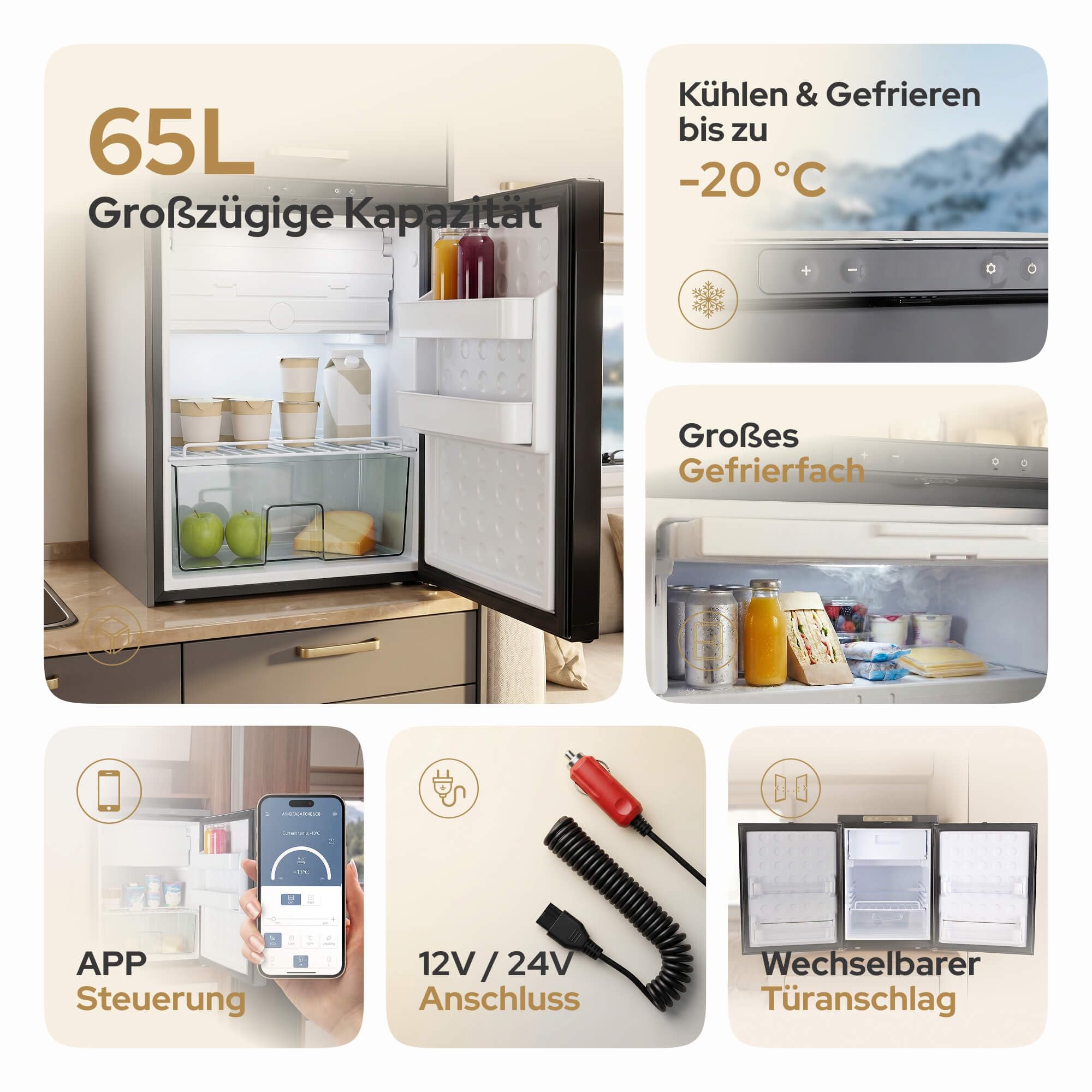 Arebos Wohnmobil Kompressor Kühlschrank 65L mit Gefrierfach | Camping & Outdoor Kühlschrank 12V/24V | bis -20°C | Auto & LKW | Wechselbarer Türanschlag | APP-Steuerung