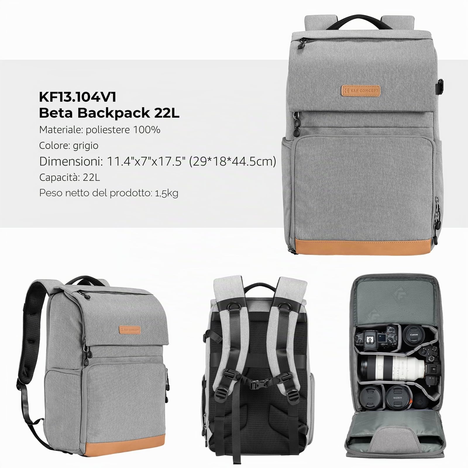 K&F CONCEPT Zaino per fotocamera, 22 litri Borse per fotocamera di grande capacità con copertura antipioggia Scomparto per laptop da 15,6" per Macchina fotografica Obiettivo Droni