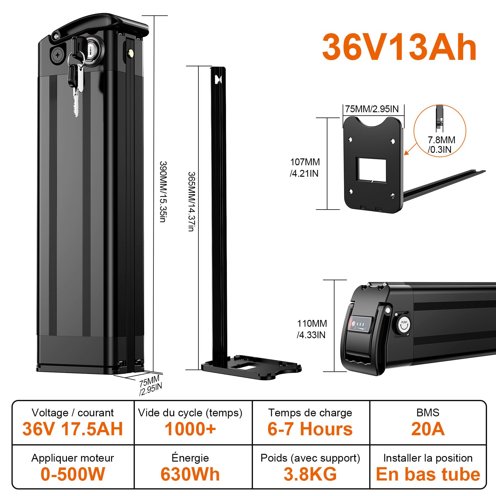 Batterie 36V EBike 13Ah/17.5Ah Lithium ION Batterie Fit pour Vélo Pliant Batterie de Remplacement pour 500W 350W 300W 250W Vélo Pliant Moteur