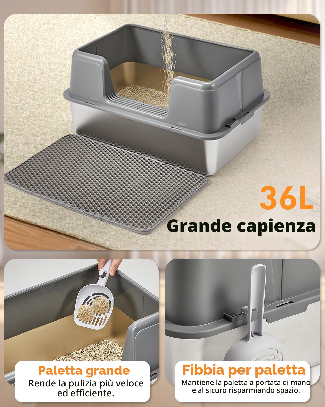 Papettly Lettiera Acciaio Inox - Lettiera in Acciaio per Gatti XXL con Lati Alti，60x40x31 cm Lettiere Gatto Acciaio Inox con Tappetino per Lettiere，Paletta，Spazzola，Facile da Pulire，Non Appiccicosa